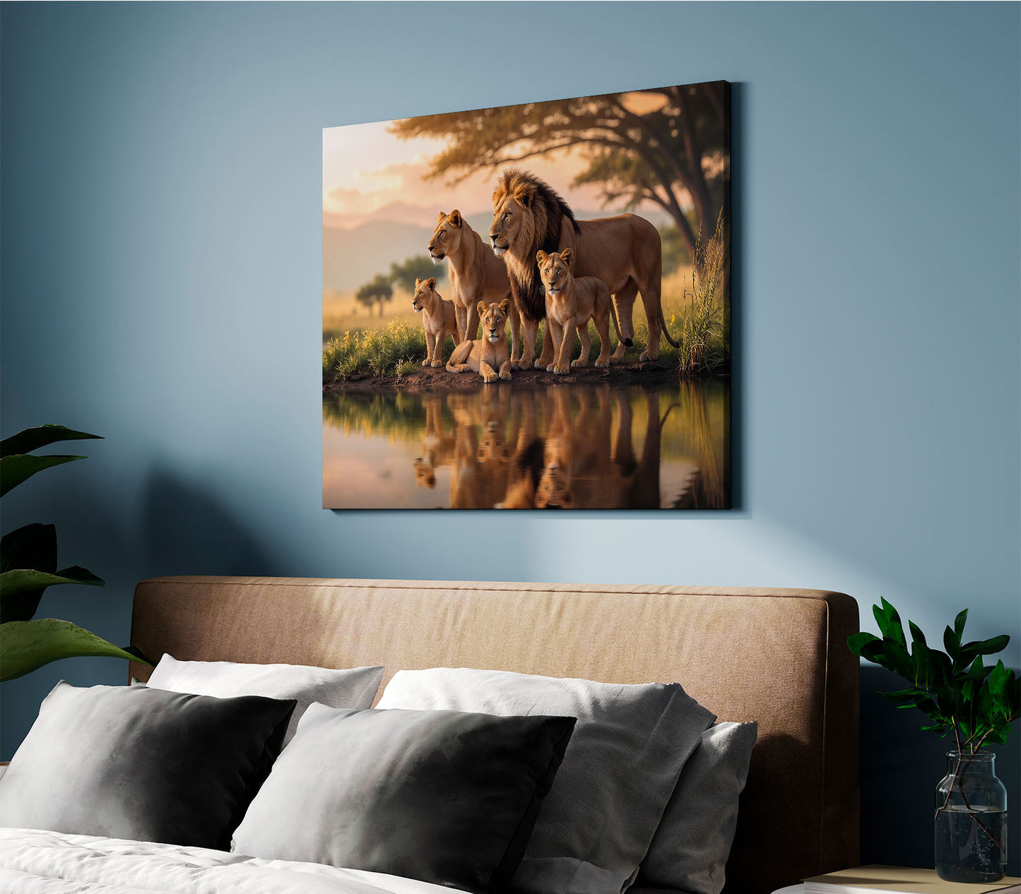 Lion Family in the Lake Painting
