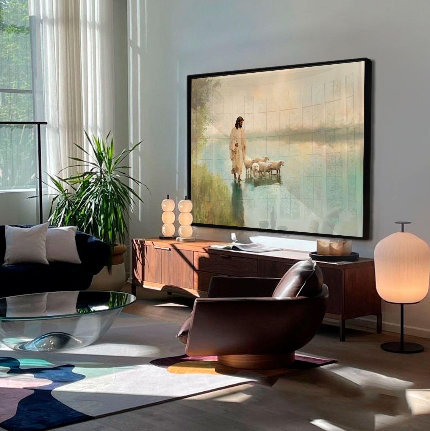 Jesus and the Flock Painting Minimalist Christian Art for Inspiration