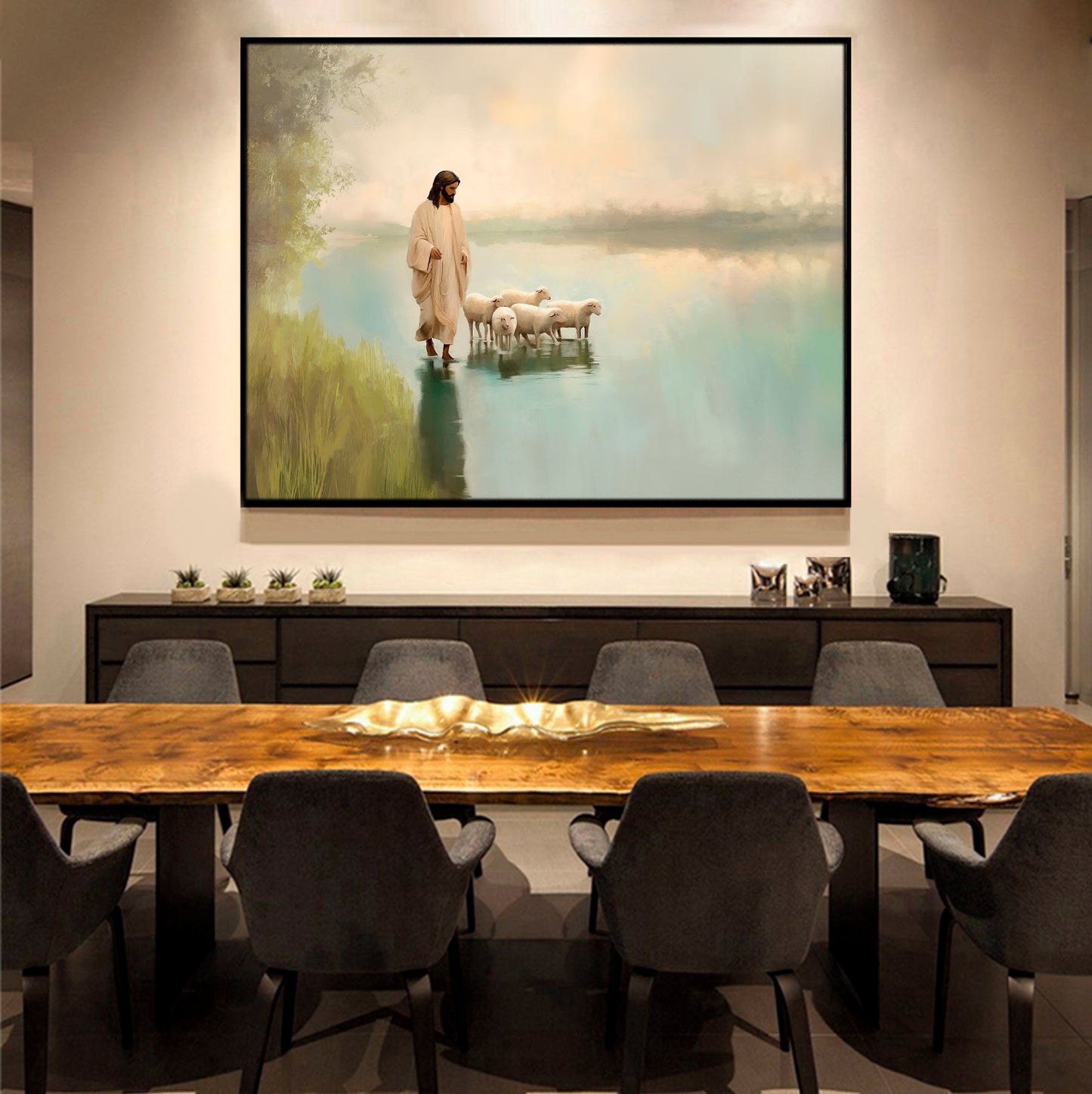 Jesus and the Flock Painting Minimalist Christian Art for Inspiration