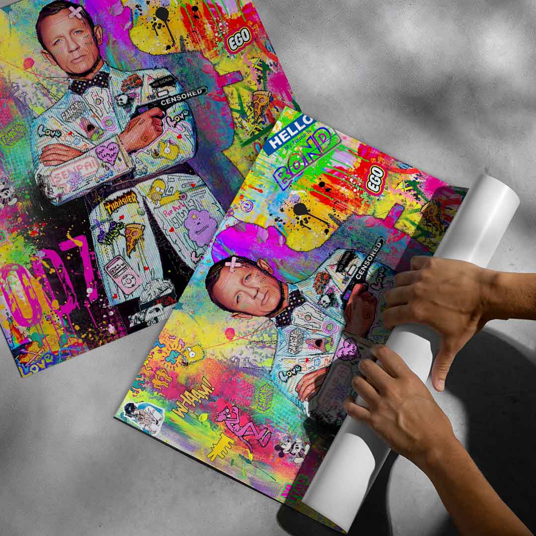 Overall square canvas-ready wall art showcasing dynamic cinema, cartoons, and graffiti in a modern interior-ready design.