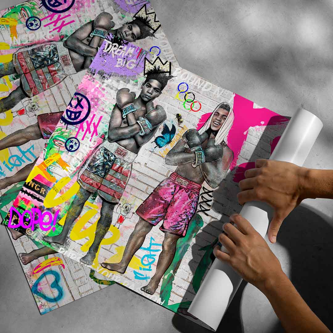 Vibrant mix of pop art and graffiti influences creating a dynamic wall decor piece