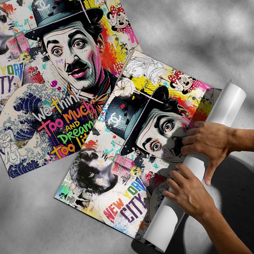Overall square-format wall art blending cinema, music, cartoon, and city references for eclectic decor.