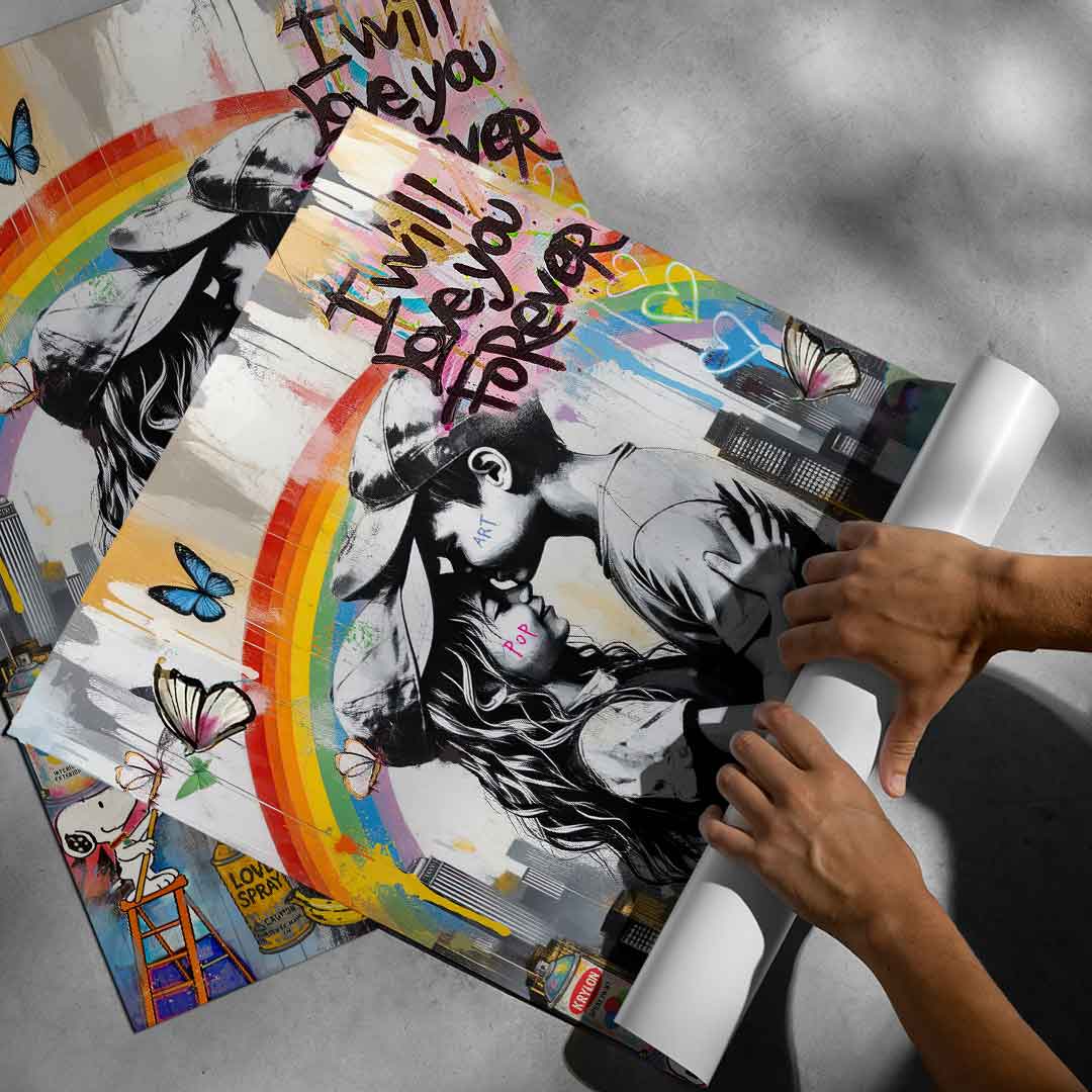 Vibrant, hopeful urban art suitable for living spaces and bedrooms