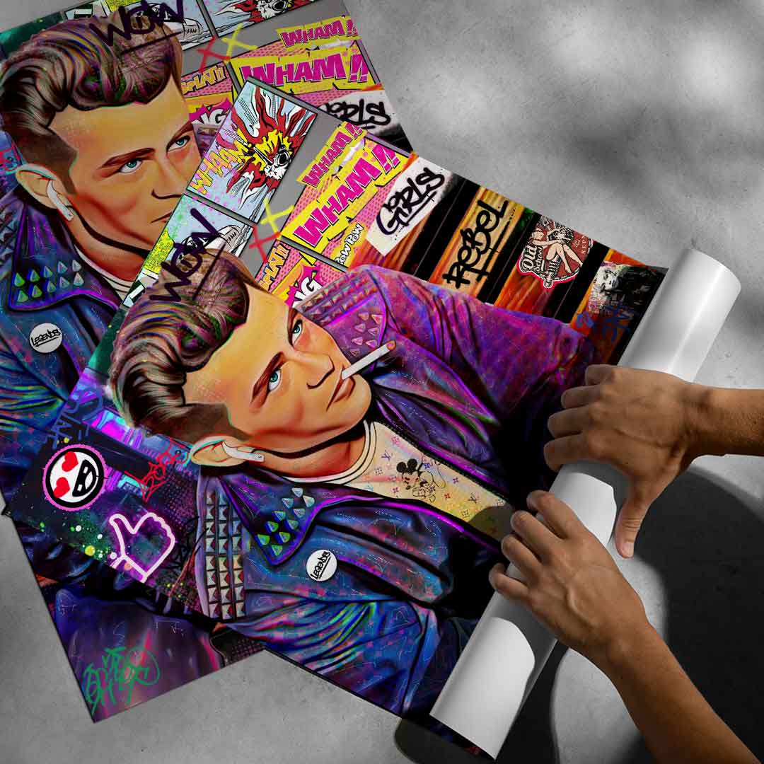 Living space showcasing bold James Bench poster as a statement wall art in a modern industrial interior.