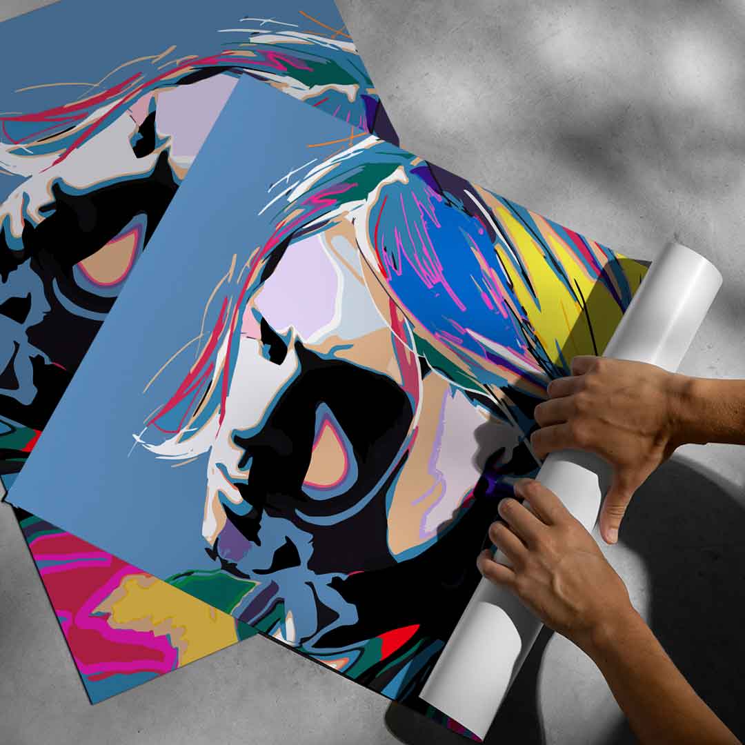 Colorful pop art celebrity poster of Kurt Cobain designed to energize music-inspired spaces and eclectic decor.