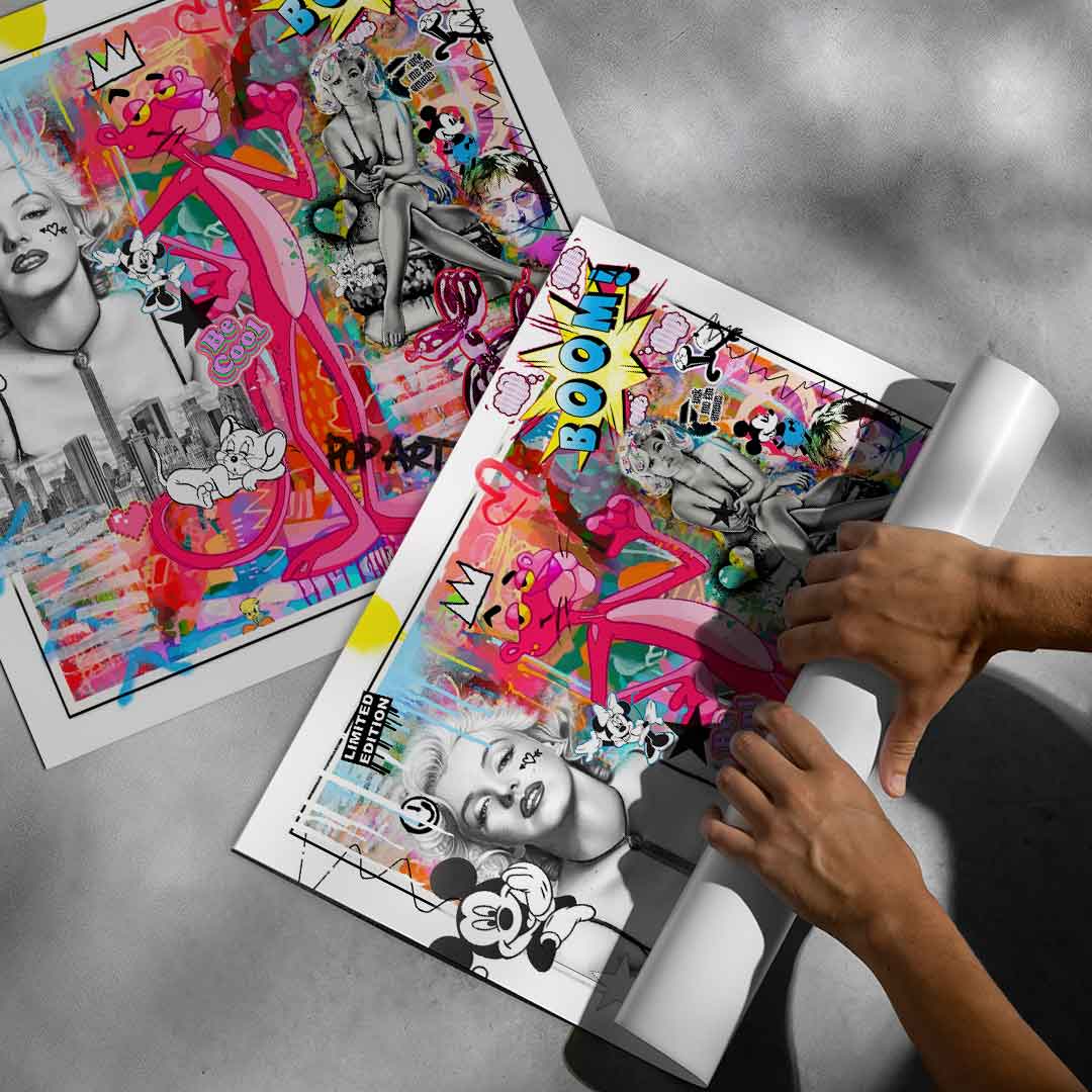 Pink balloon dog highlighted in an urban pop art composition