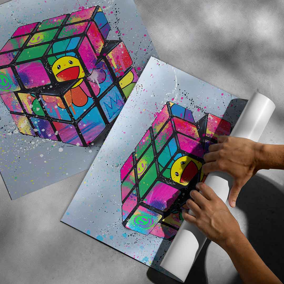 Bright, kid-friendly wall art blending Rubik's Cube imagery with flower charm for modern interiors.