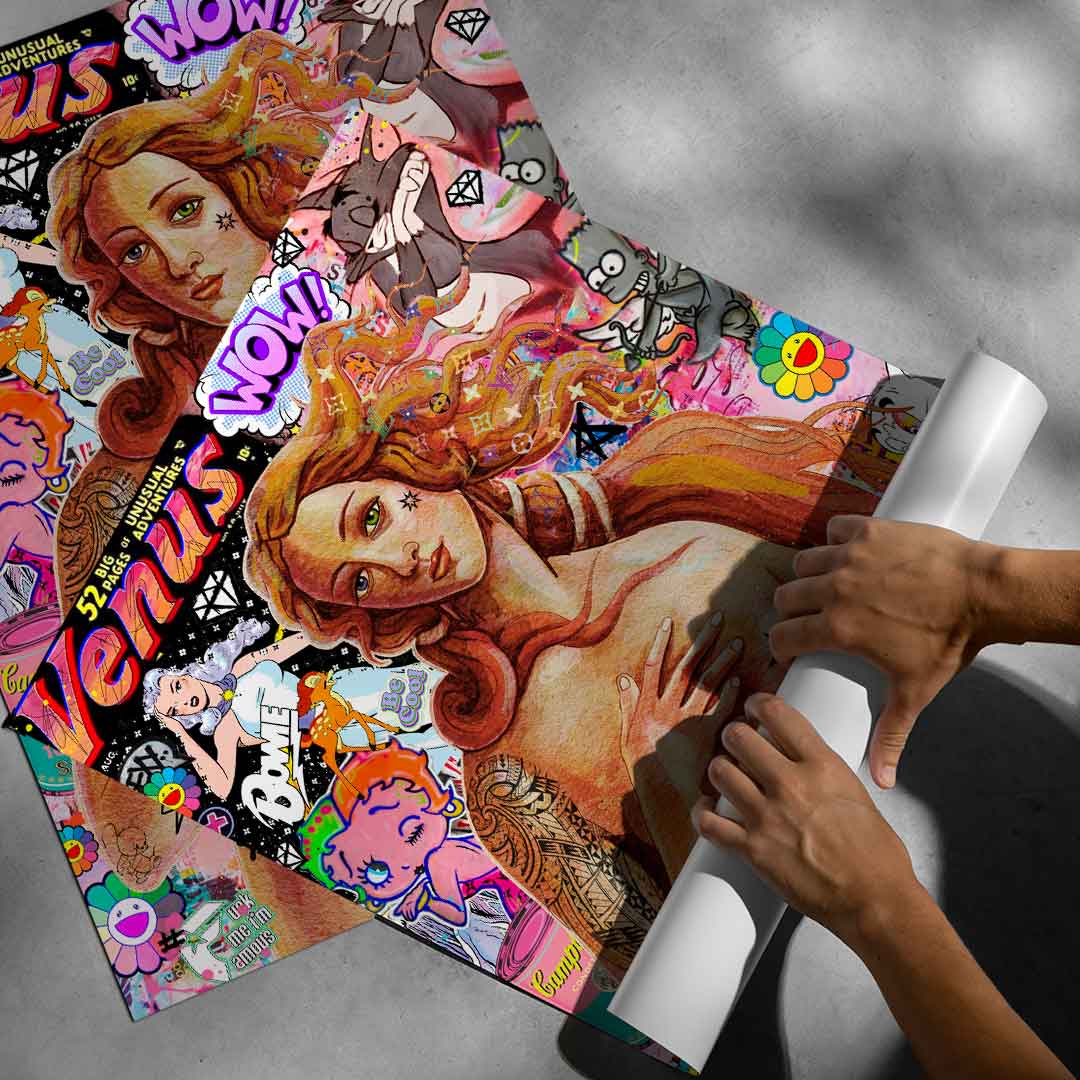 Tattooed Venus with black star pasty and color-splashed palette