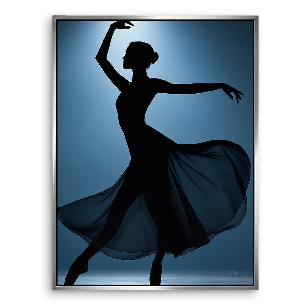 Overall composition emphasizes poise and motion of a ballerina in a modern art setting.