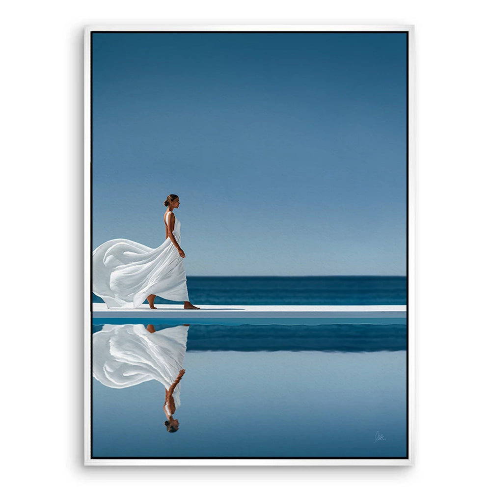 Serene blue horizon print with reflective water, perfect for upscale lounges.