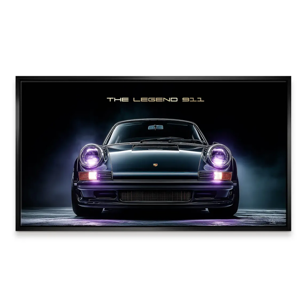 Luxurious car wall art depicting a legendary Porsche 911 on dark canvas.