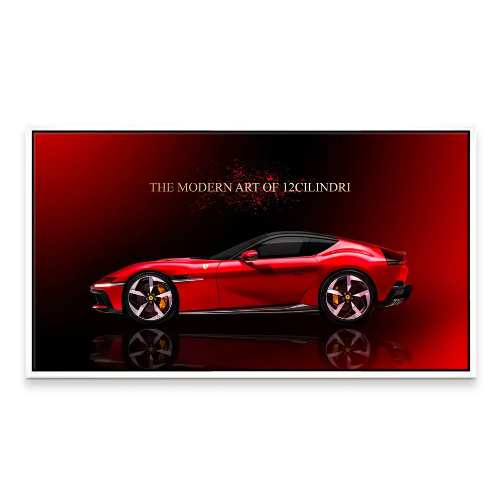Bold car wall art emphasizing Ferrari branding and reflective surface details.