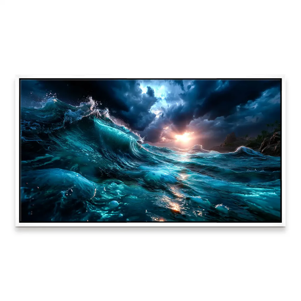Atmospheric coastal scene emphasizing motion, texture, and depth in water and sky.