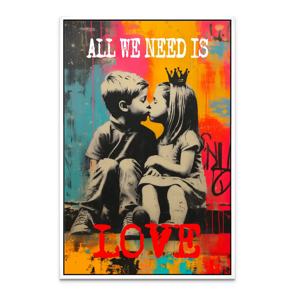 Colorful wall art celebrating universal love and innocence with Banksy style flair