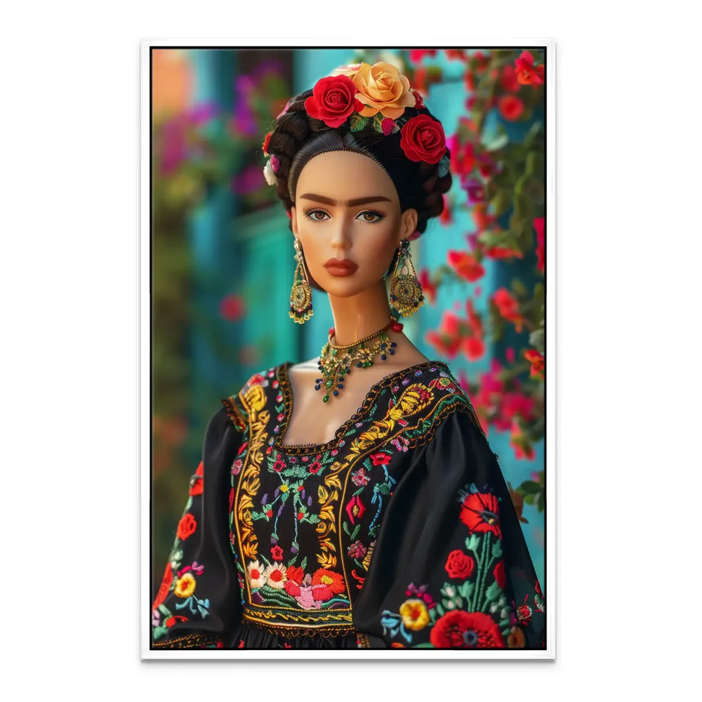 Colorful embroidered dress with intricate floral patterns on the Frida Barbie canvas.