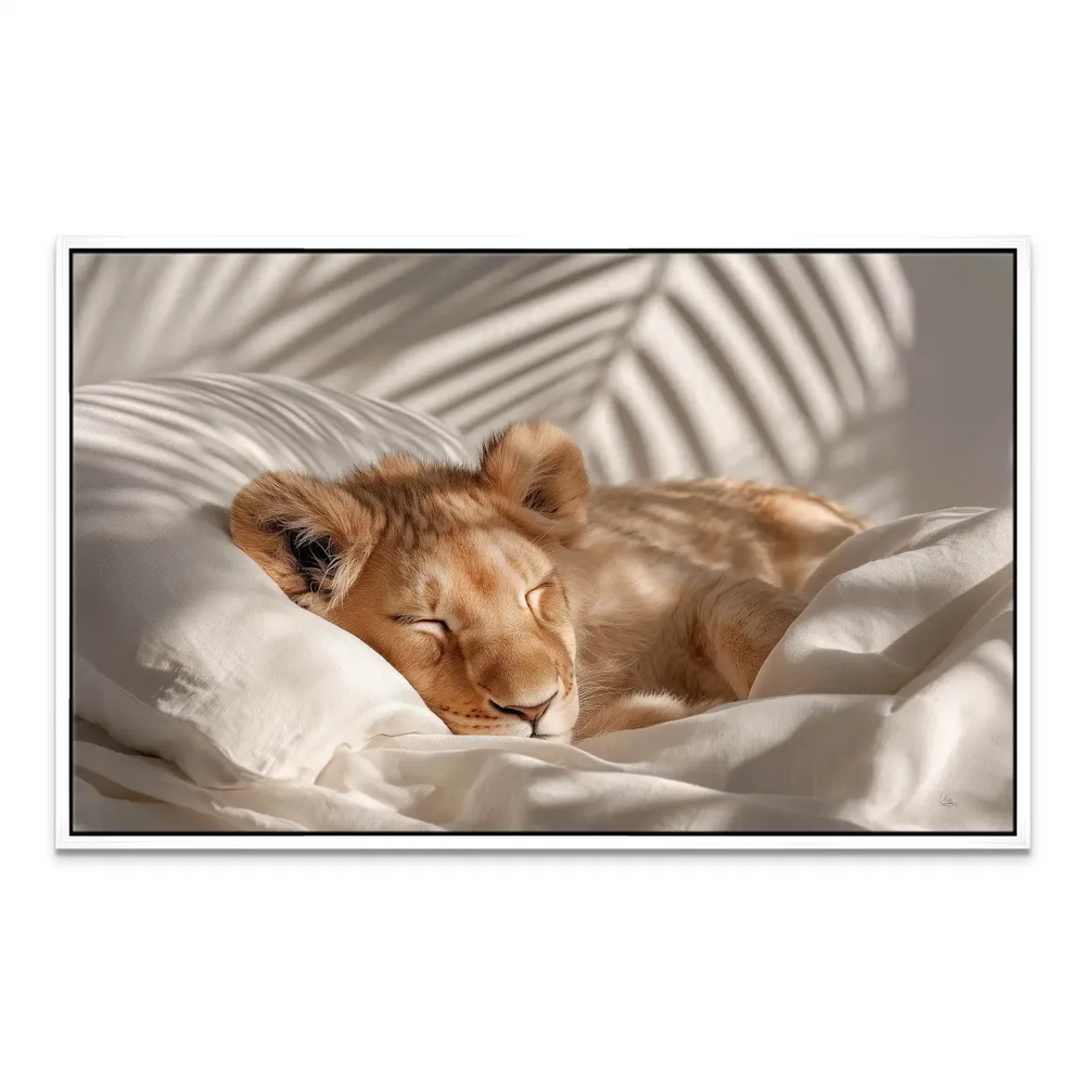 Lion cub sleeping canvas art ideal for a child's bedroom