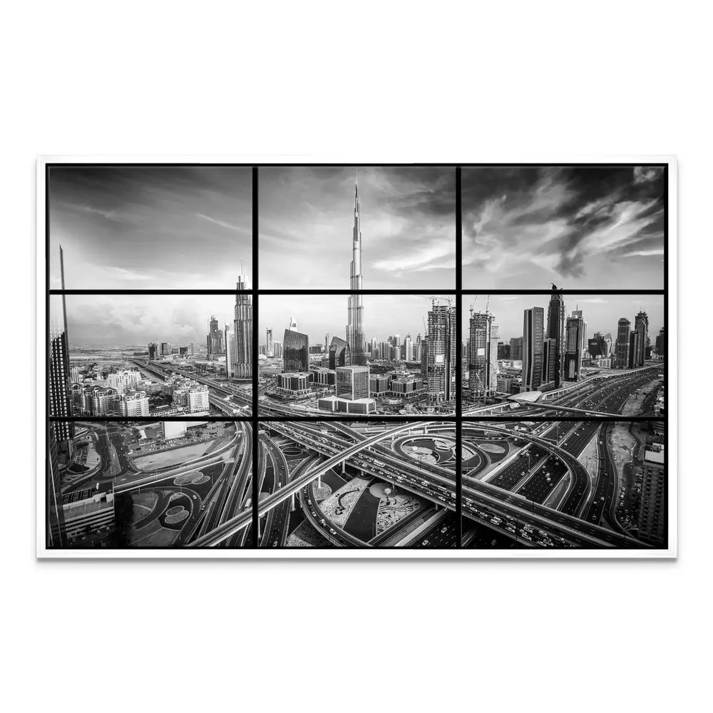 High-contrast noir view of Dubai's cityscape with bold architectural shapes