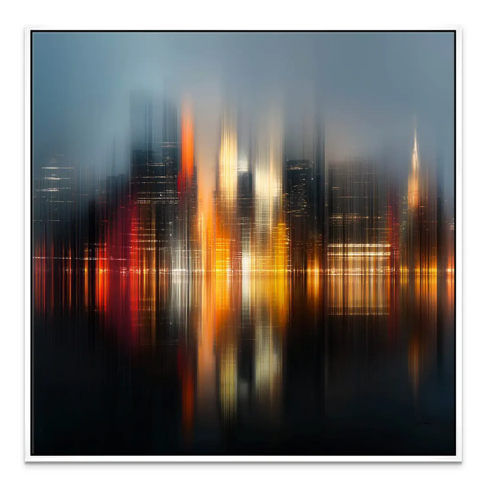 Minimalist industrial decor piece of New York night lights on canvas.