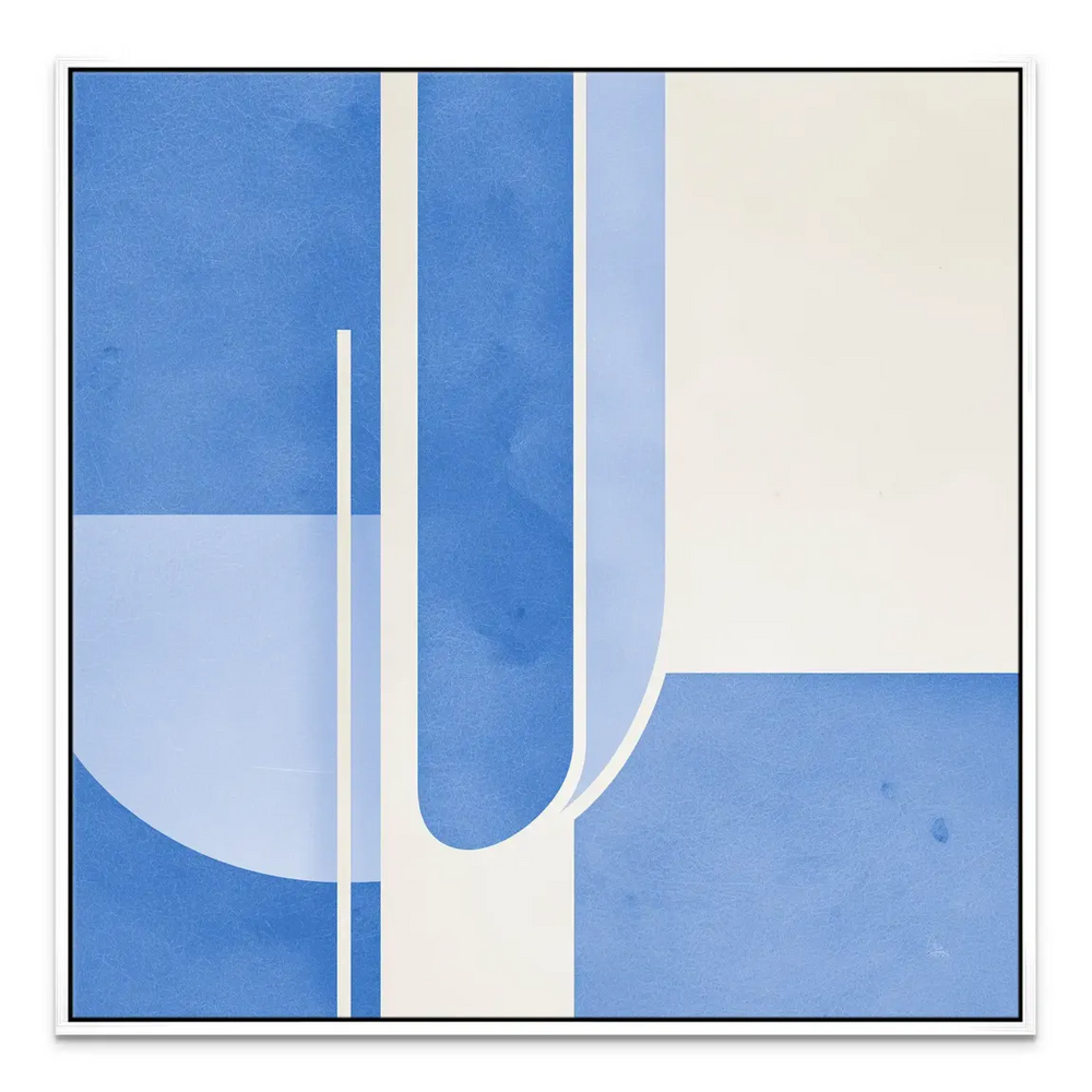 Scandinavian style abstract wall art in blues and white