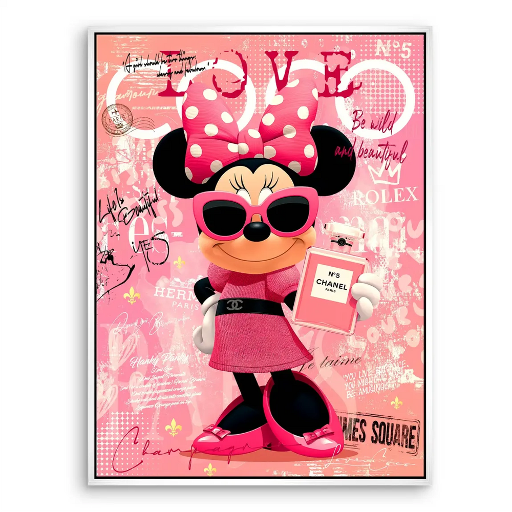 Contemporary wall art featuring Minnie Mouse and fashion branding on a pink art collage