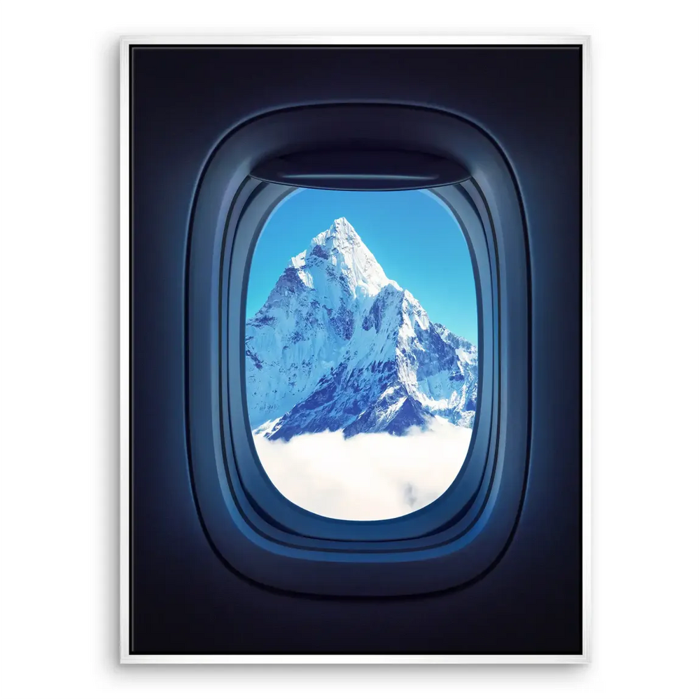 Room decor piece with aircraft-window framing of Mount Everest