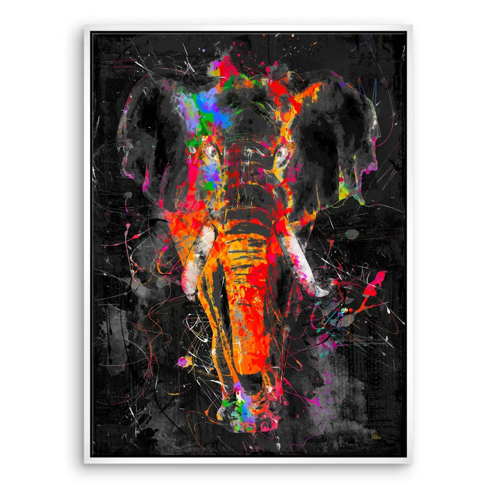 Gallery-ready elephant painting on dark textured background.