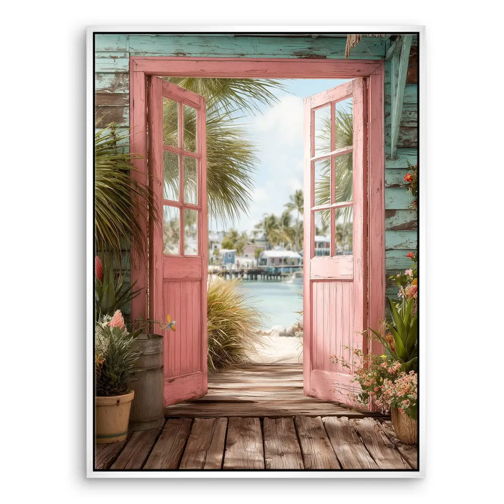 Overall composition of doorway framing a dreamy coastal landscape on canvas print.