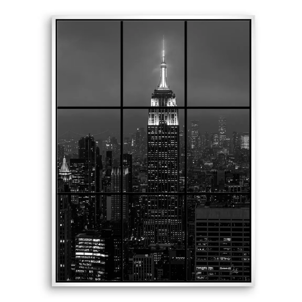 Industrial, minimalist NYC night scene wall art with high-contrast tones.