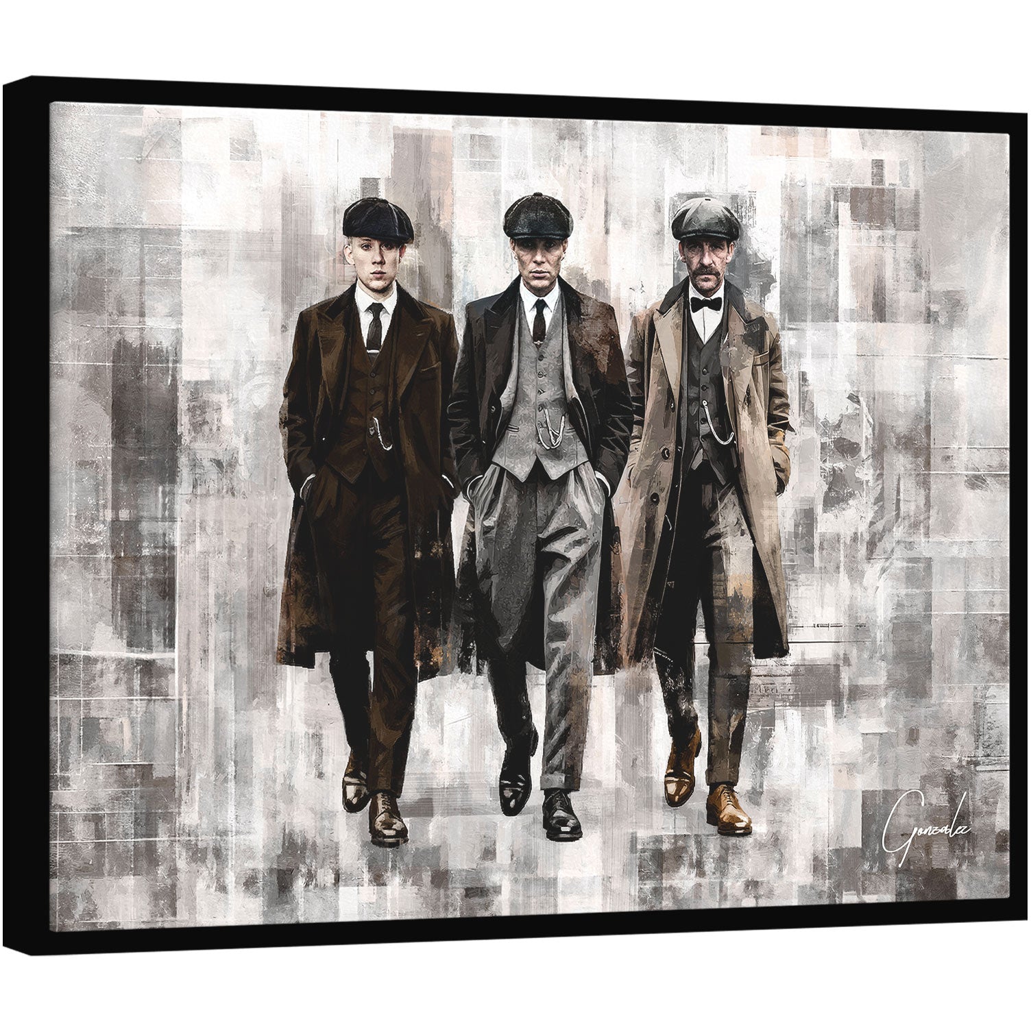 Peaky Blinders-inspired grid art frame featuring three stoic figures in vintage British attire