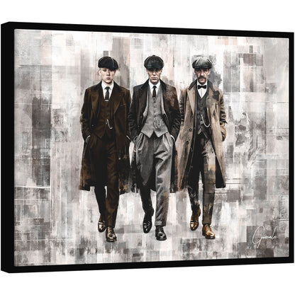 Peaky Blinders-inspired grid art frame featuring three stoic figures in vintage British attire