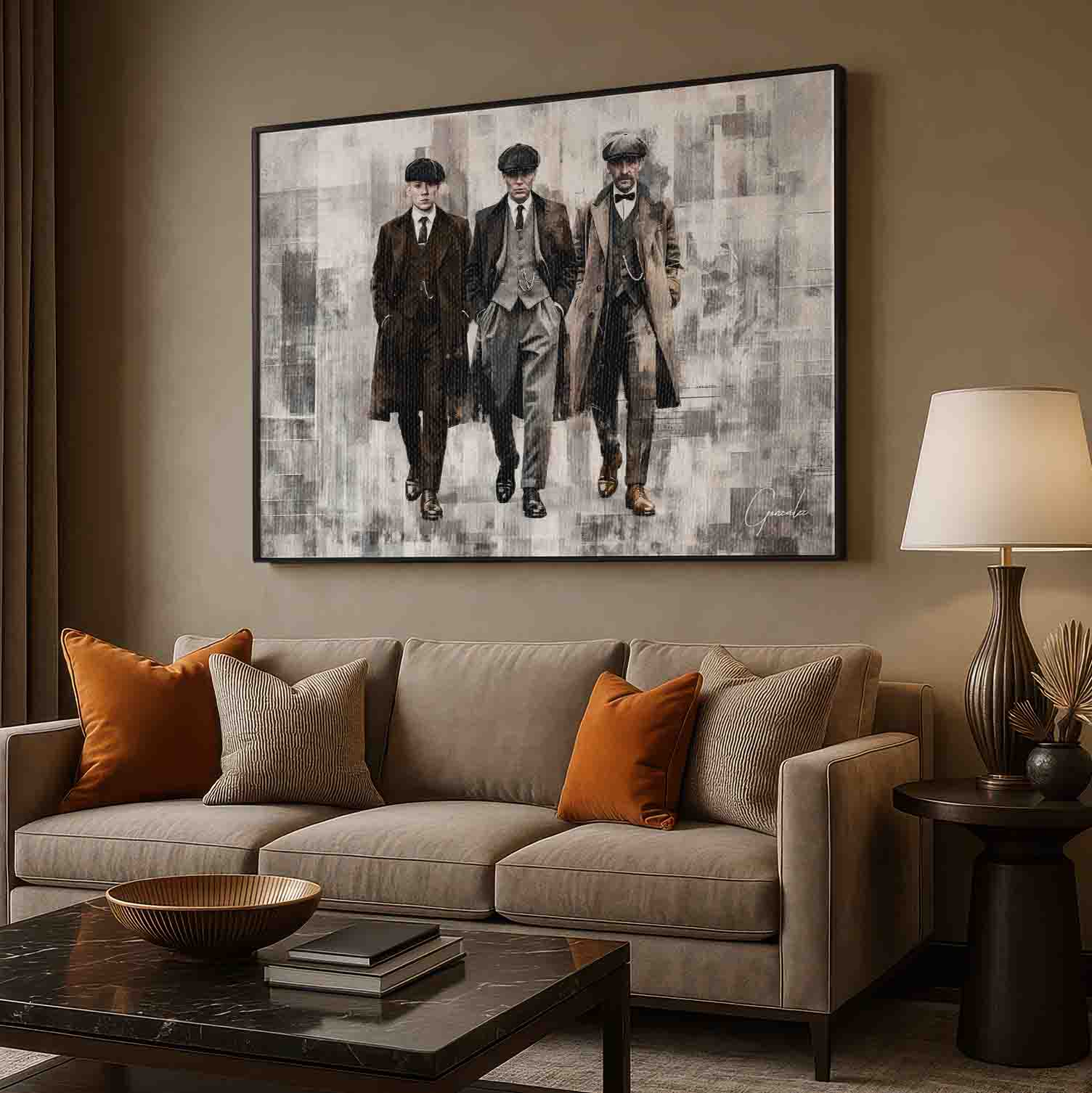 Industrial grayscale wall art with a dynamic trio and a gritty background