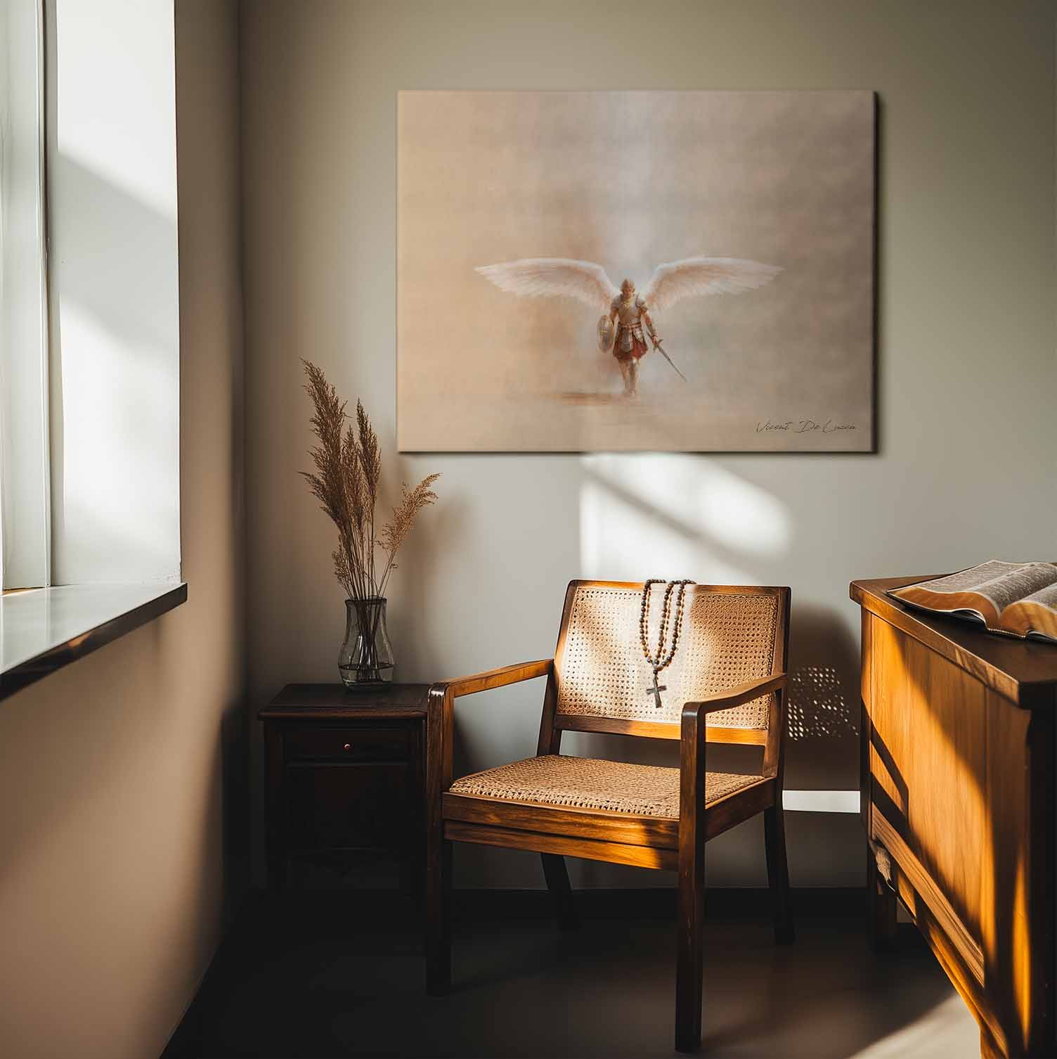 Central composition emphasizes the saint as a serene focal point for modern living rooms, bedrooms, or quiet study spaces.