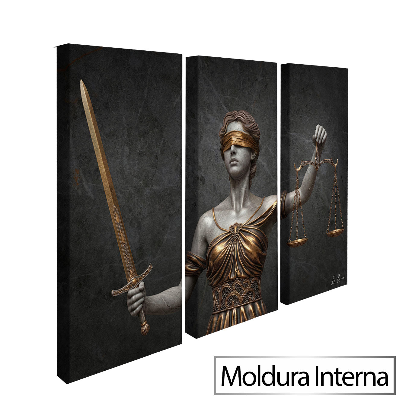 Modern triptych of classical justice imagery for professional spaces
