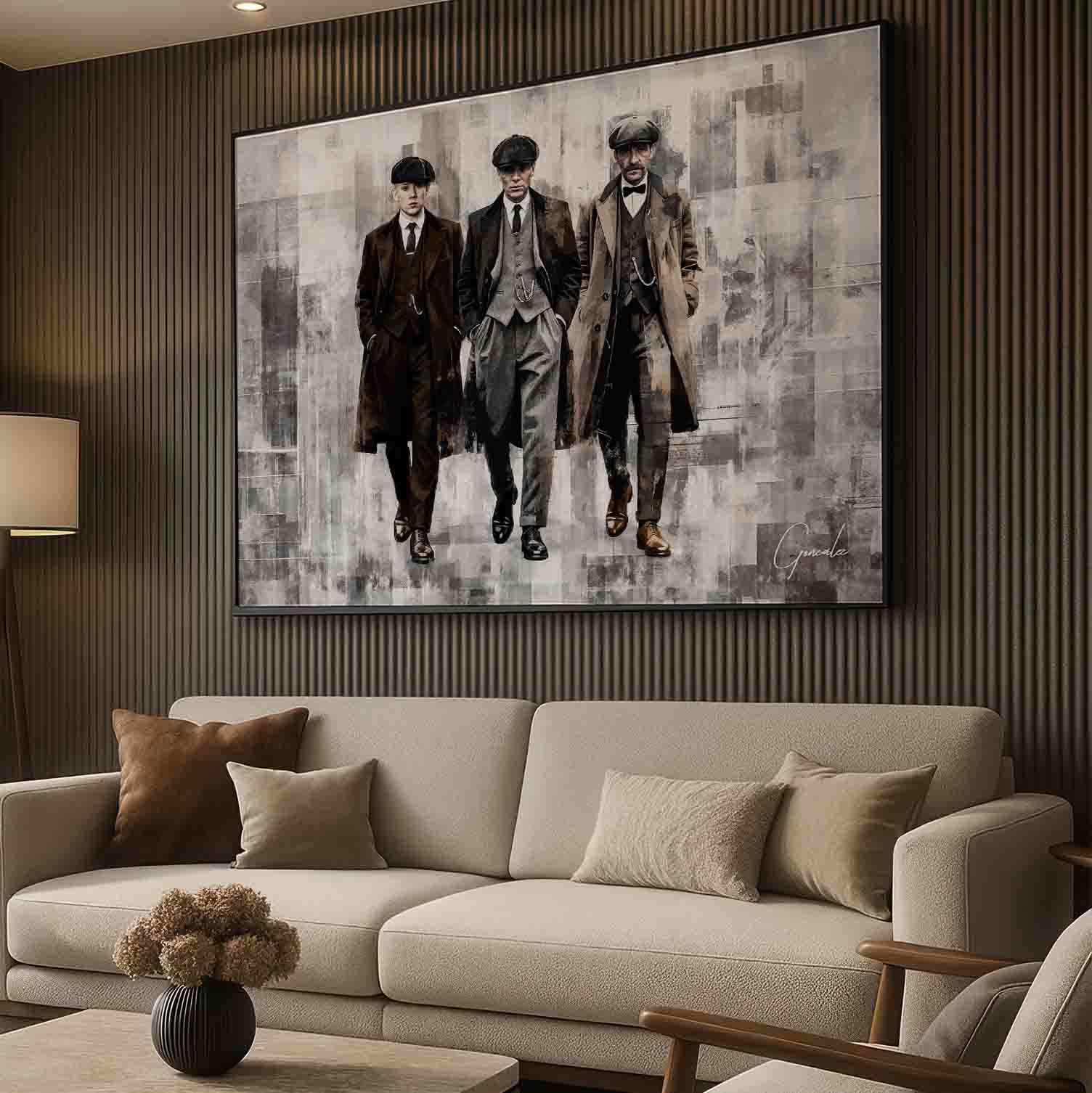 Three men walking forward in early 20th-century grid frame