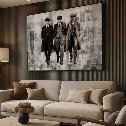 Three men walking forward in early 20th-century grid frame