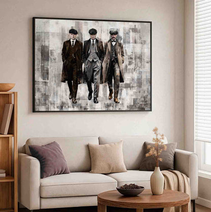 Monochrome wall art with warm brown accents on clothing