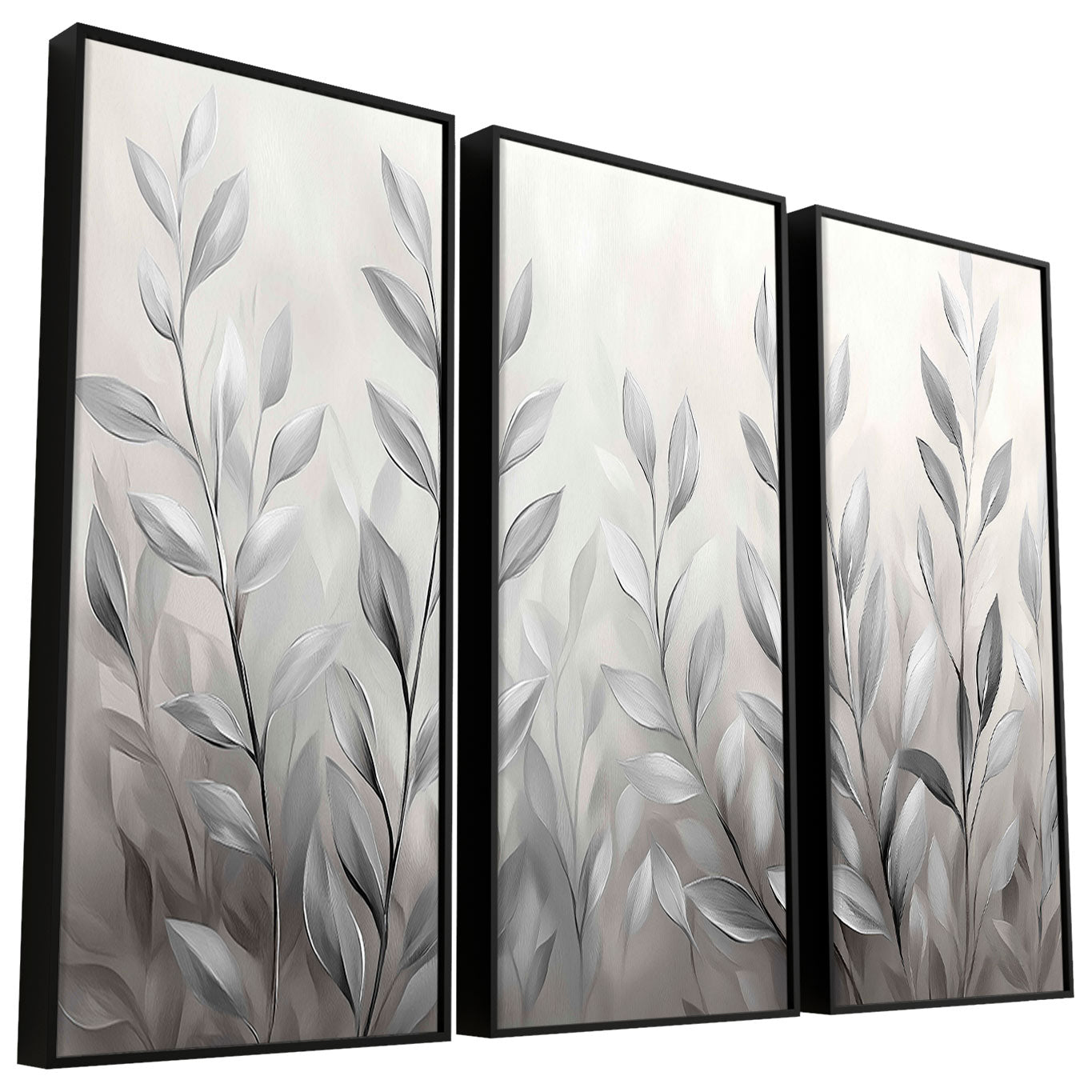 Abstract Silver Leaves Painting – 3-Piece Modern Wall Art