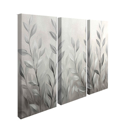 Abstract Silver Leaves Painting – 3-Piece Modern Wall Art