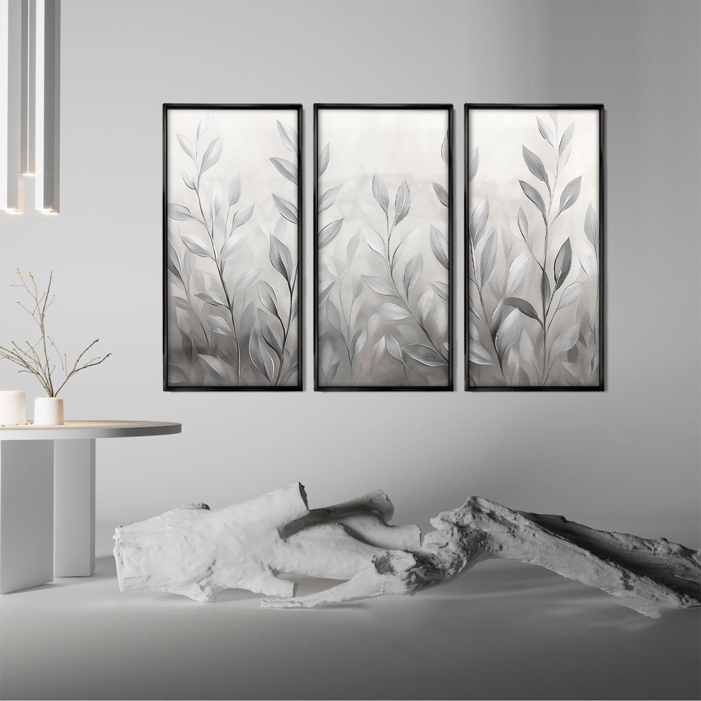 Abstract Silver Leaves Painting – 3-Piece Modern Wall Art