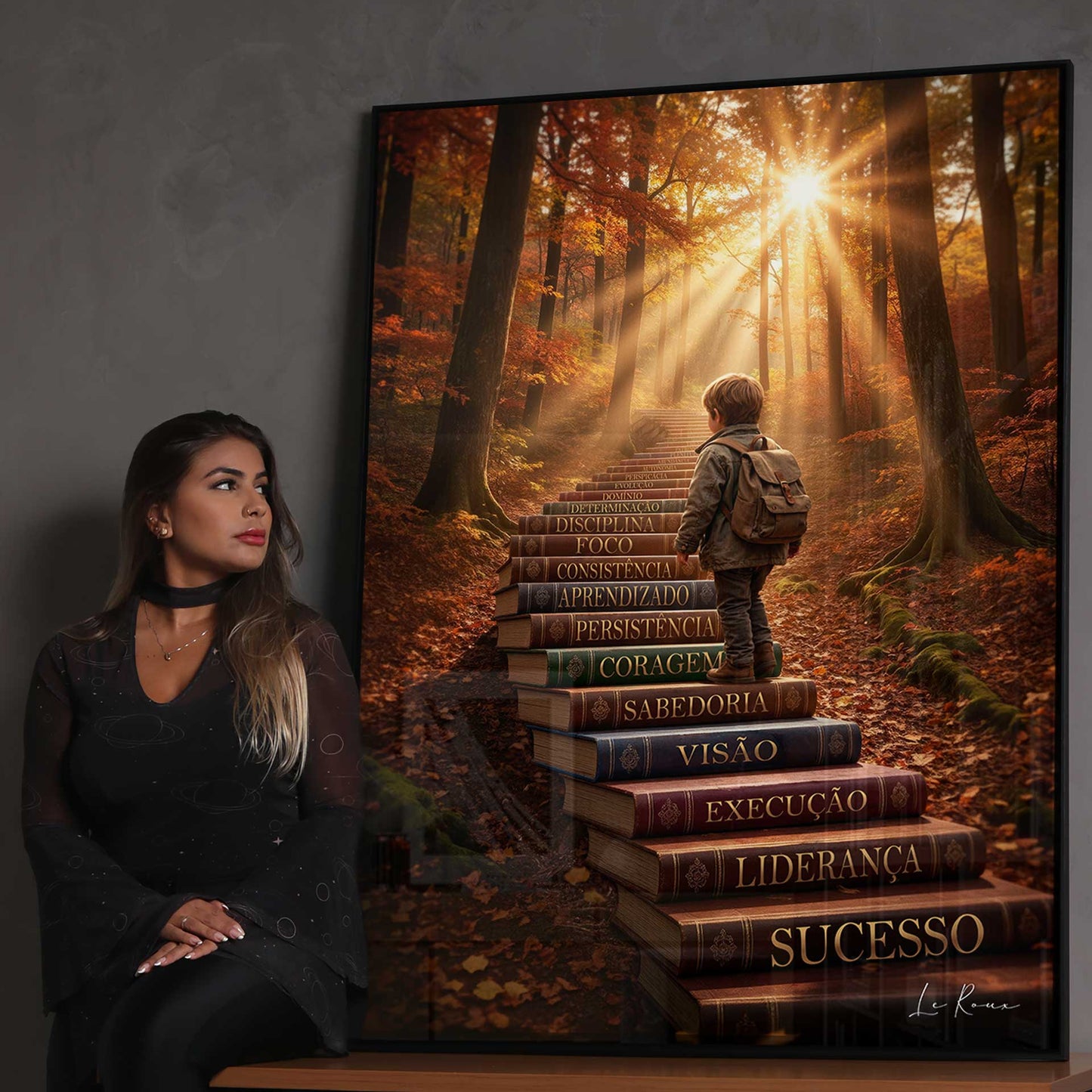 Book spines display Vision, Wisdom, Courage on the inspirational wall art