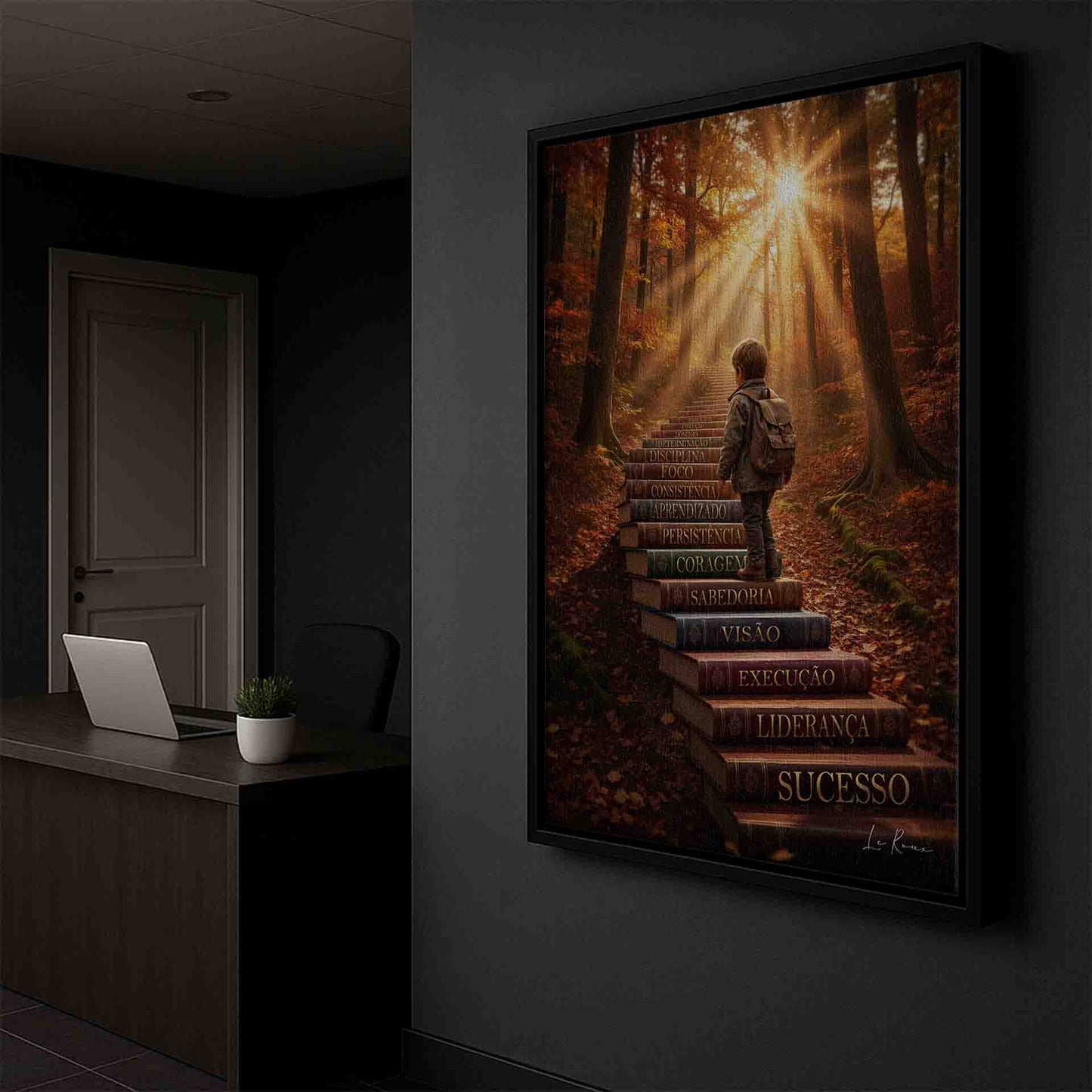 Diagonal lines guide the eye upward toward a bright light in the forest