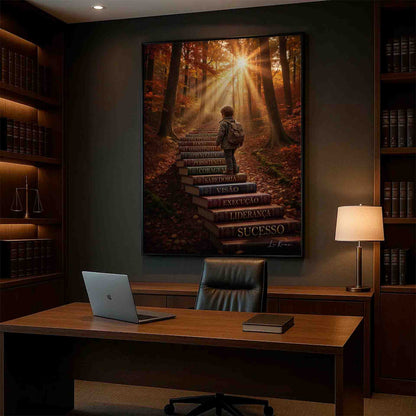 Sunbeams pierce through trees, lighting the book-staircase path upward