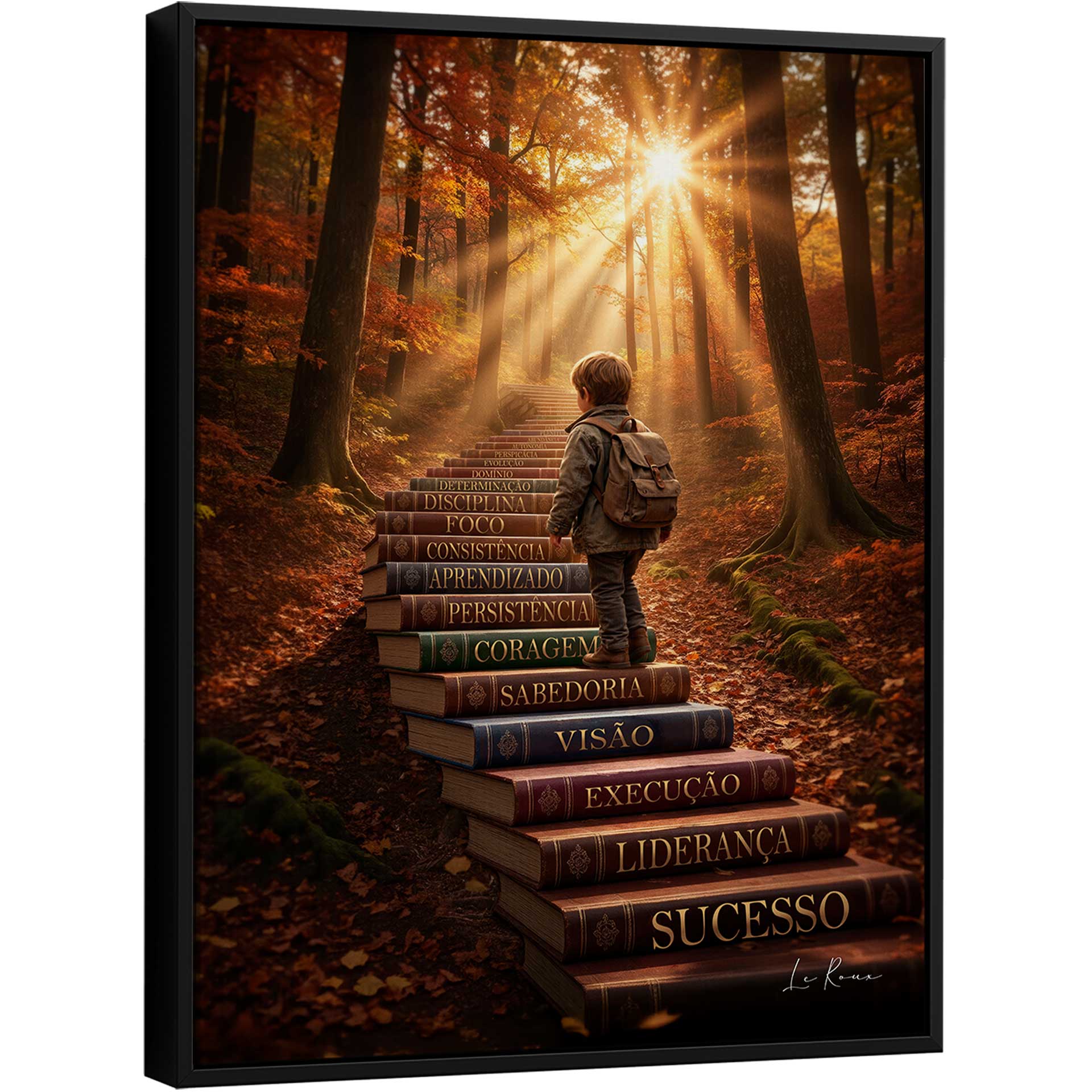 Young boy climbing a staircase made of stacked books in a warm autumn forest