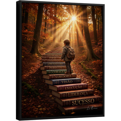 Young boy climbing a staircase made of stacked books in a warm autumn forest
