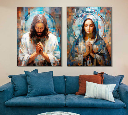 Jesus and Mary Abstract Grid Canvas Print Spiritual Wall Art