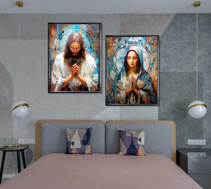 Jesus and Mary Abstract Grid Canvas Print Spiritual Wall Art