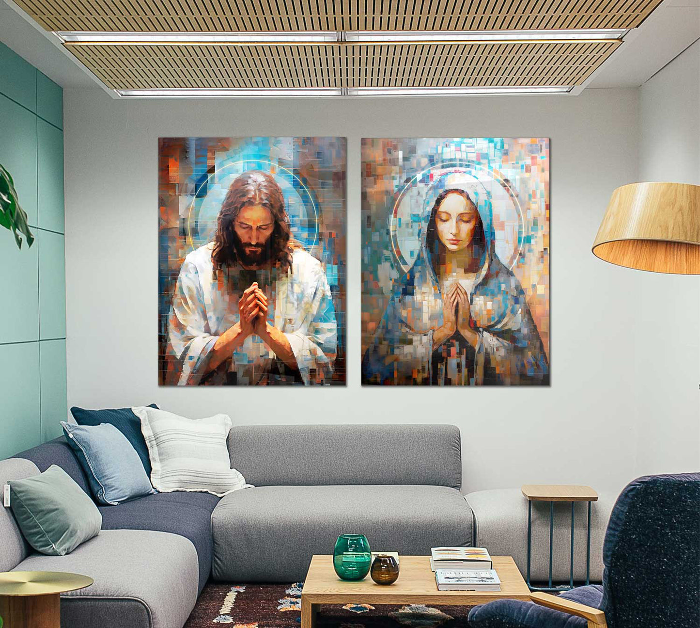 Jesus and Mary Abstract Grid Canvas Print Spiritual Wall Art