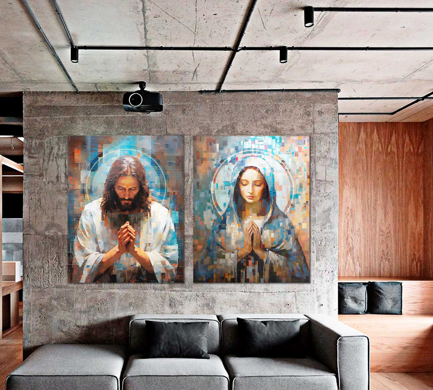 Jesus and Mary Abstract Grid Canvas Print Spiritual Wall Art