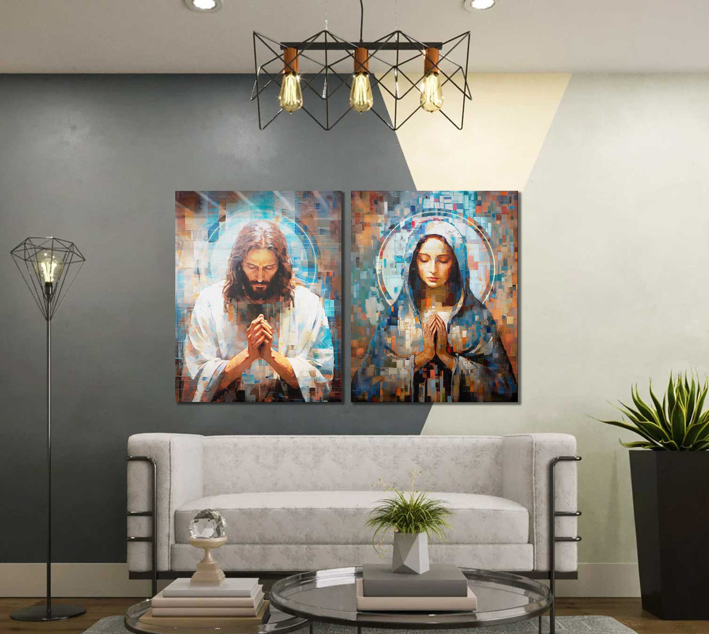 Jesus and Mary Abstract Grid Canvas Print Spiritual Wall Art