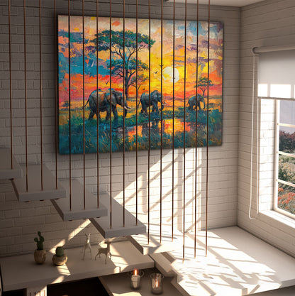 vibrant-safari-sunset-wall-art-with-elephants